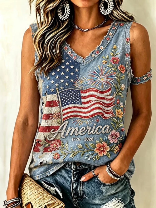 Women's America  Floral Flag Denim-Style V-Neck Tank Top