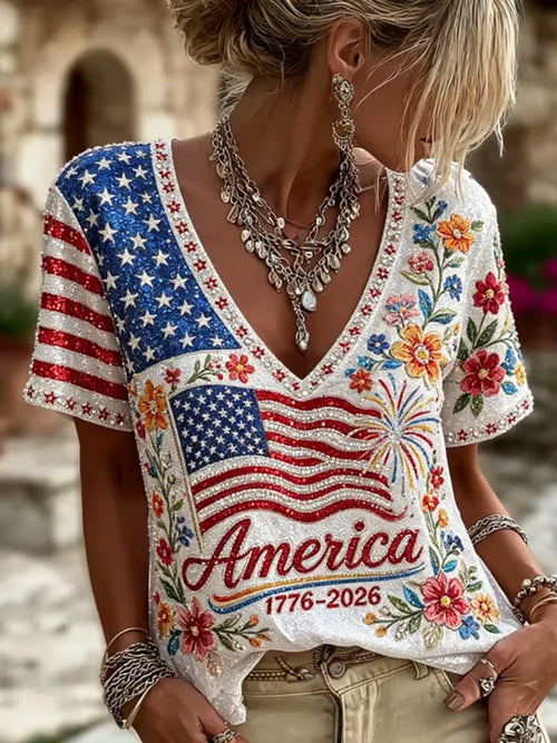 Women's America Floral Flag Glitter V-Neck T-Shirt
