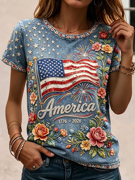 Women's America  Floral Rhinestone Denim-Style Patriotic T-Shirt