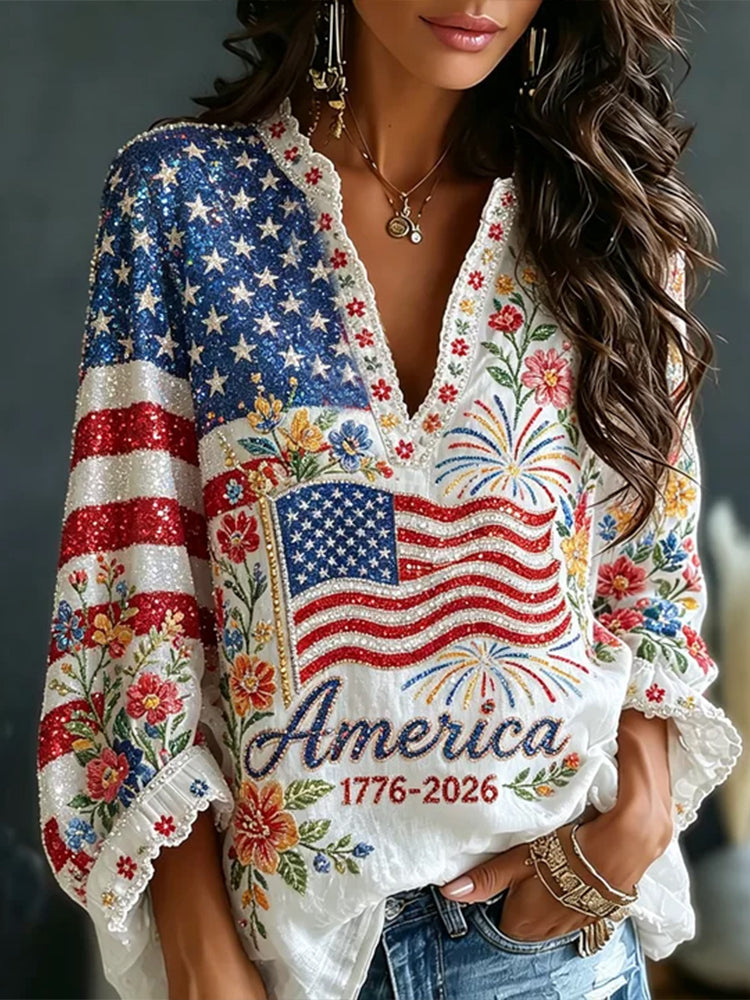 Women's America  Floral Embroidered Sparkle V-Neck Blouse