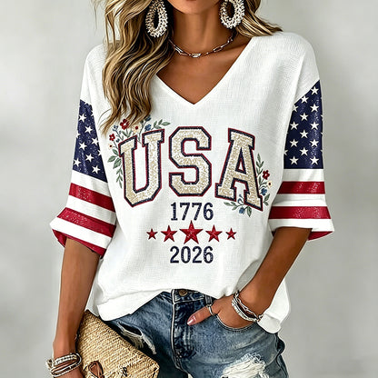 Women's USA 1776-2026 Glitter Patriotic V-Neck Raglan T-Shirt