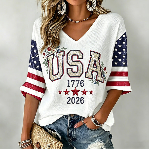 Women's USA 1776-2026 Glitter Patriotic V-Neck Raglan T-Shirt