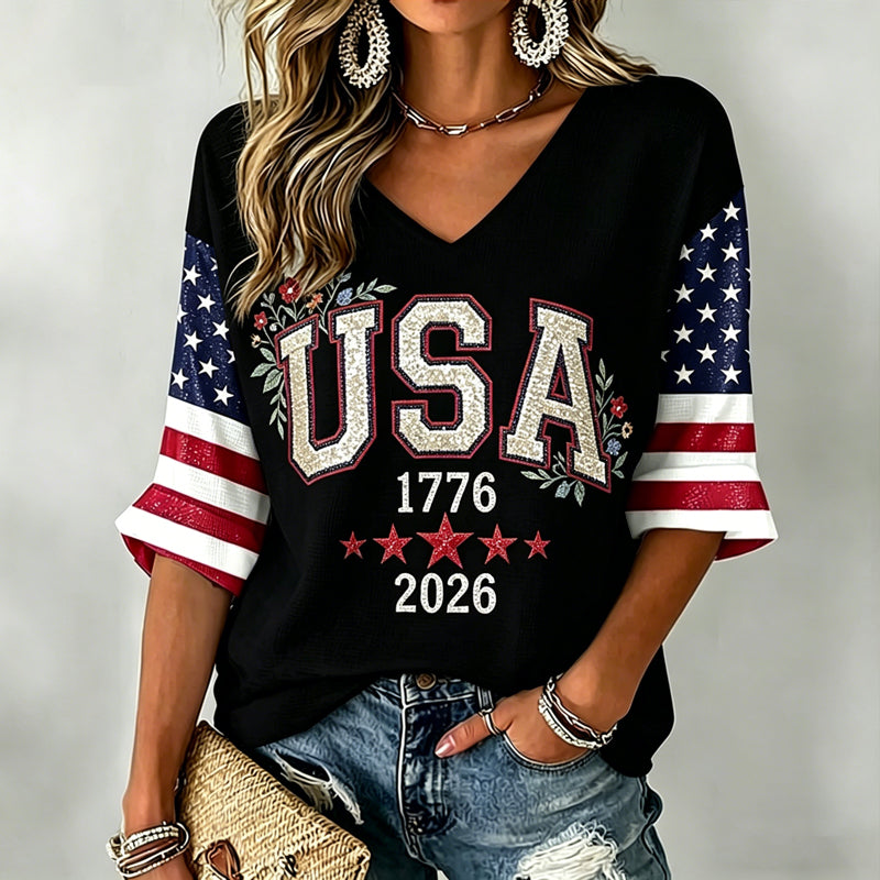 Women's USA 1776-2026 Glitter Patriotic V-Neck Raglan T-Shirt