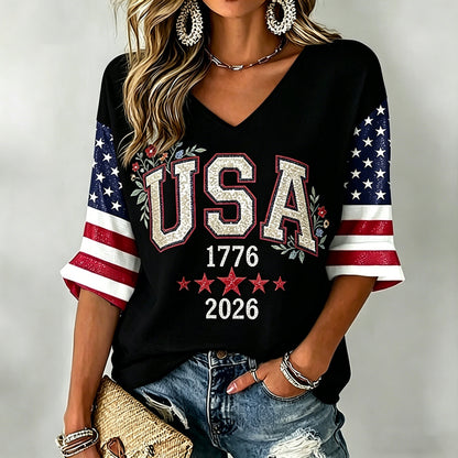 Women's USA 1776-2026 Glitter Patriotic V-Neck Raglan T-Shirt