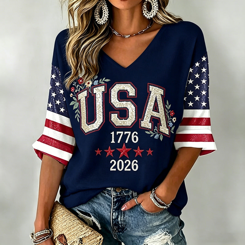 Women's USA 1776-2026 Glitter Patriotic V-Neck Raglan T-Shirt