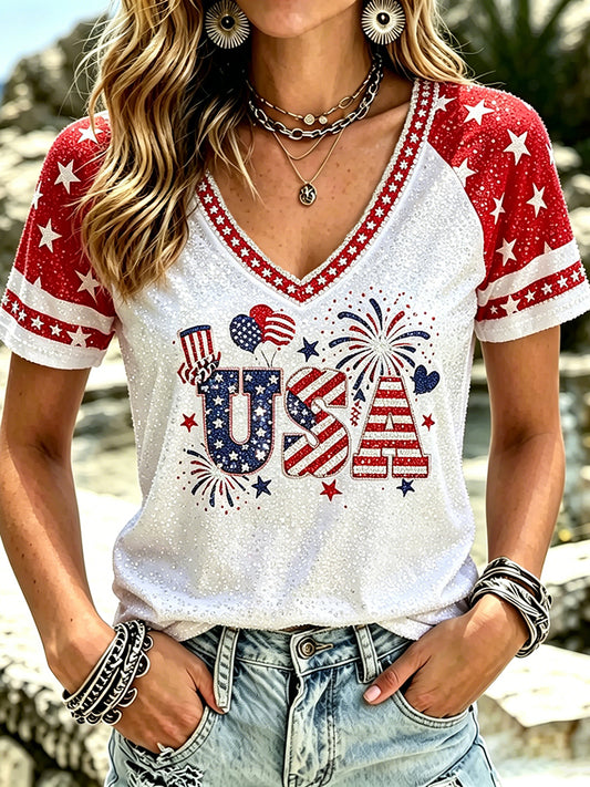 Women's Sparkly "USA" Patriotic V-Neck Raglan T-Shirt