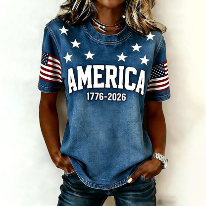 Women's "America 1776-2026" Star & Flag Sleeve Short Sleeve T-Shirt