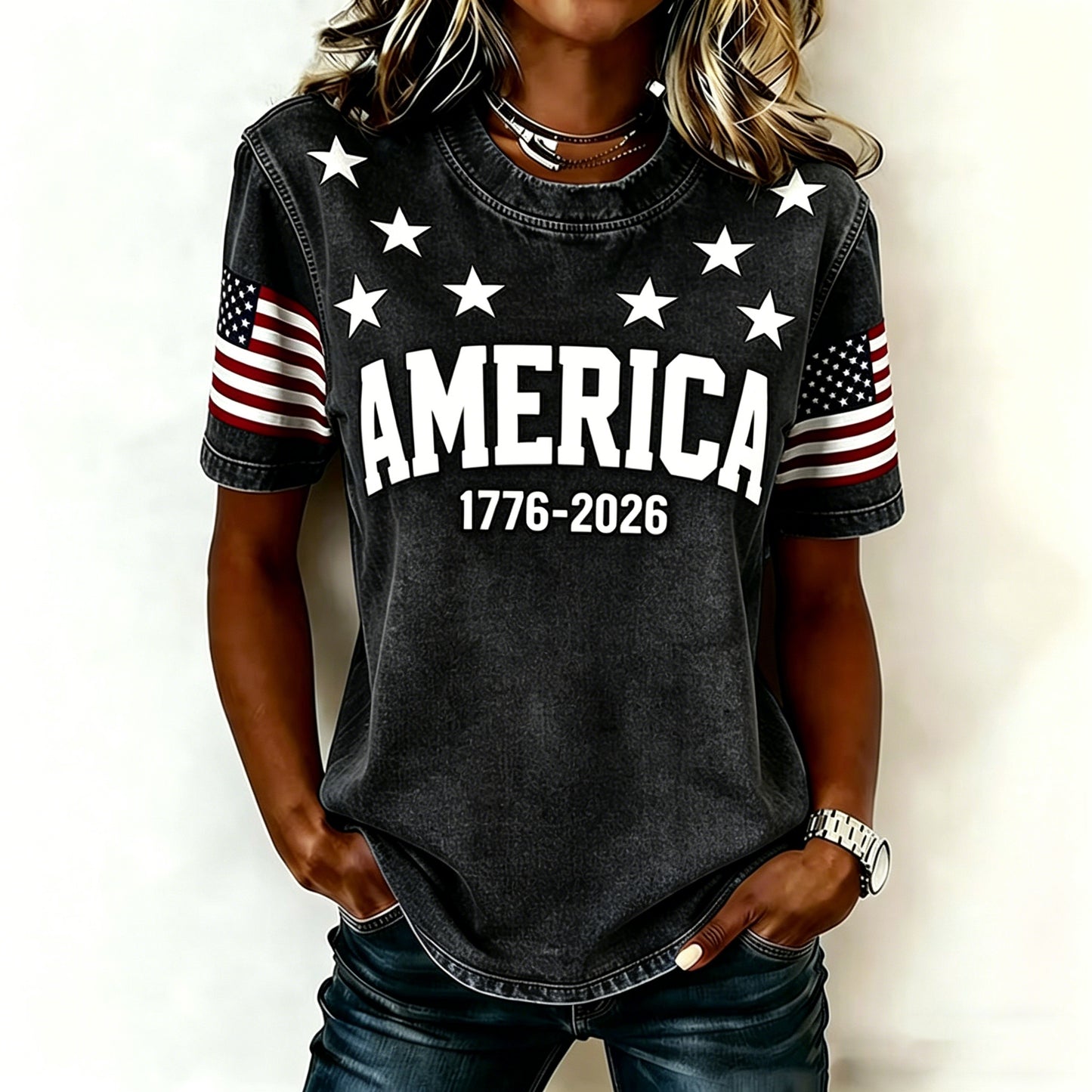 Women's "America 1776-2026" Star & Flag Sleeve Short Sleeve T-Shirt