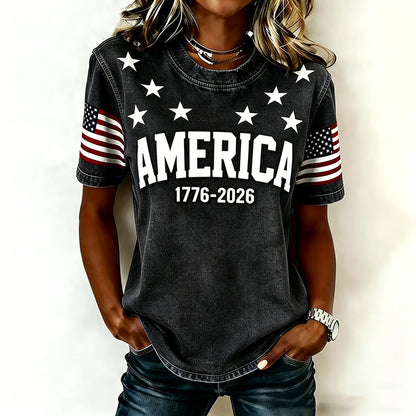 Women's "America 1776-2026" Star & Flag Sleeve Short Sleeve T-Shirt