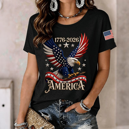 Women's "America 1776-2026" Patriotic Eagle American Flag Short Sleeve T-Shirt