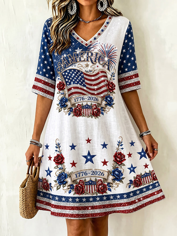 Women's America 1776-2026 Patriotic Floral V-Neck Swing Dress