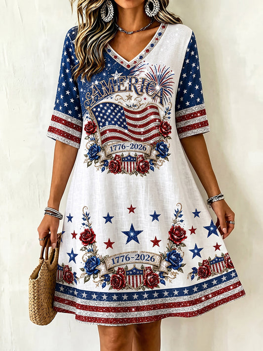 Women's America 1776-2026 Patriotic Floral V-Neck Swing Dress