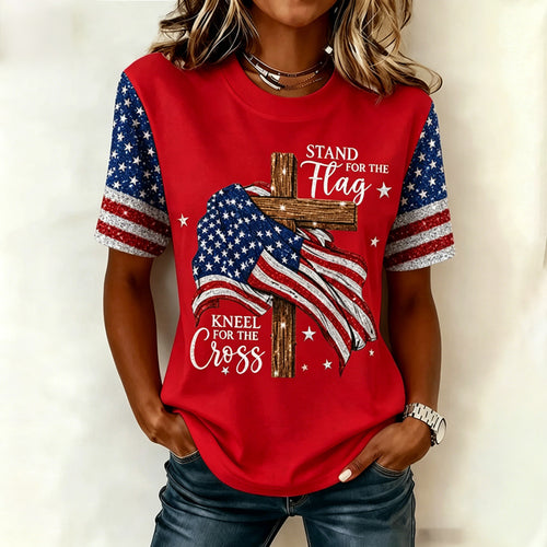 Women's "Stand for the Flag Kneel for the Cross" American Flag Short Sleeve T-Shirt