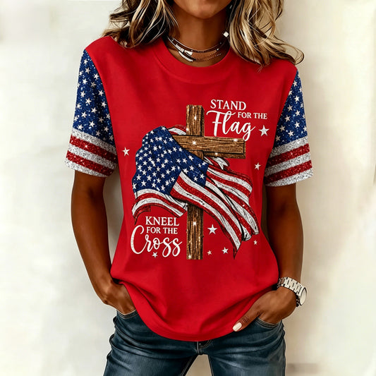Women's "Stand for the Flag Kneel for the Cross" American Flag Short Sleeve T-Shirt