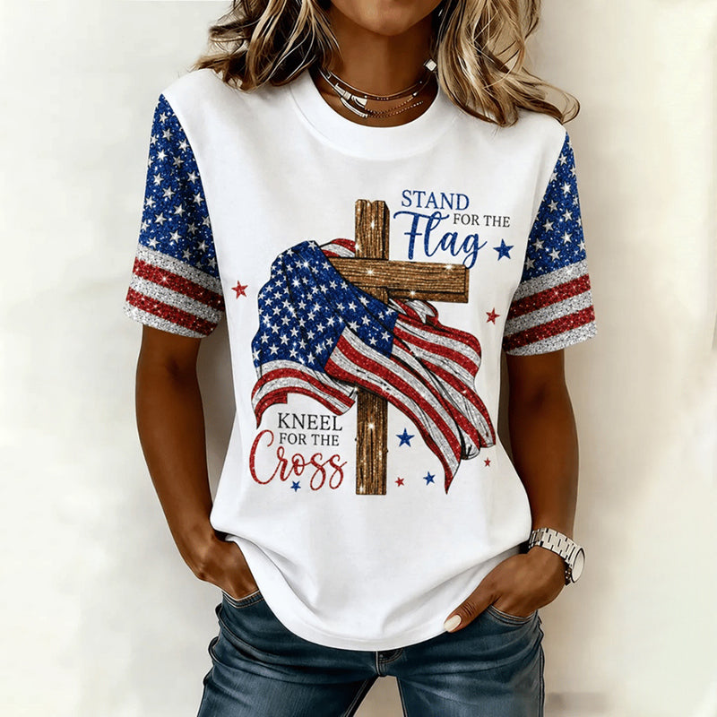 Women's "Stand for the Flag Kneel for the Cross" American Flag Short Sleeve T-Shirt