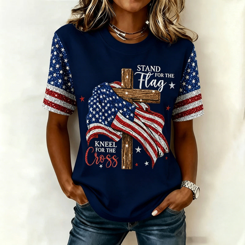 Women's "Stand for the Flag Kneel for the Cross" American Flag Short Sleeve T-Shirt