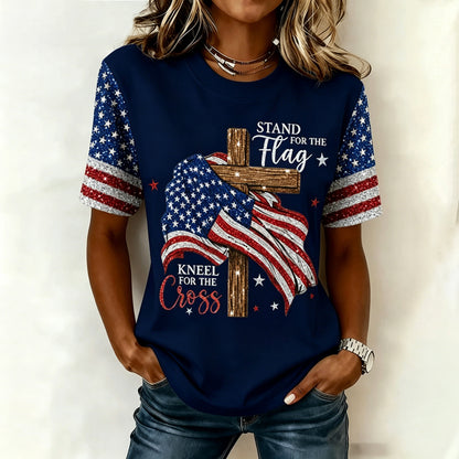 Women's "Stand for the Flag Kneel for the Cross" American Flag Short Sleeve T-Shirt