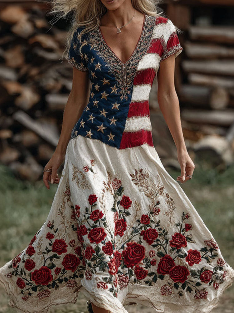 Women's Independence Day Floral Stars and Stripes Print V Neck Short Sleeve Midi Dress