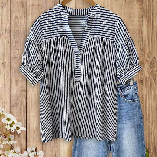 Women's Striped Half Button Yoke Gathered Puff Short Sleeve Blouse