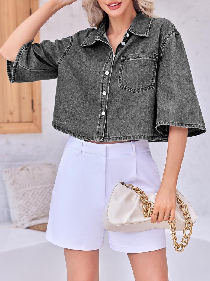 Women Half Sleeve Button Down Lapel Casual Cropped Denim Tops