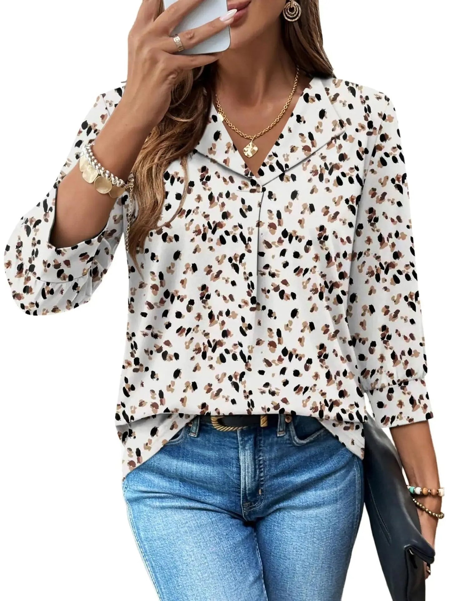 Women’s  Floral V-Neck Collared Blouse Casual Dressy Top