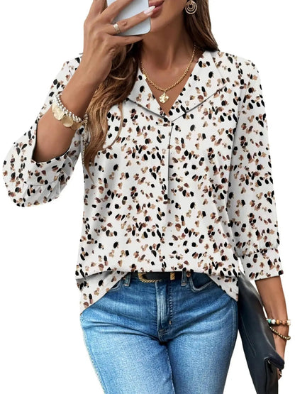 Women’s  Floral V-Neck Collared Blouse Casual Dressy Top