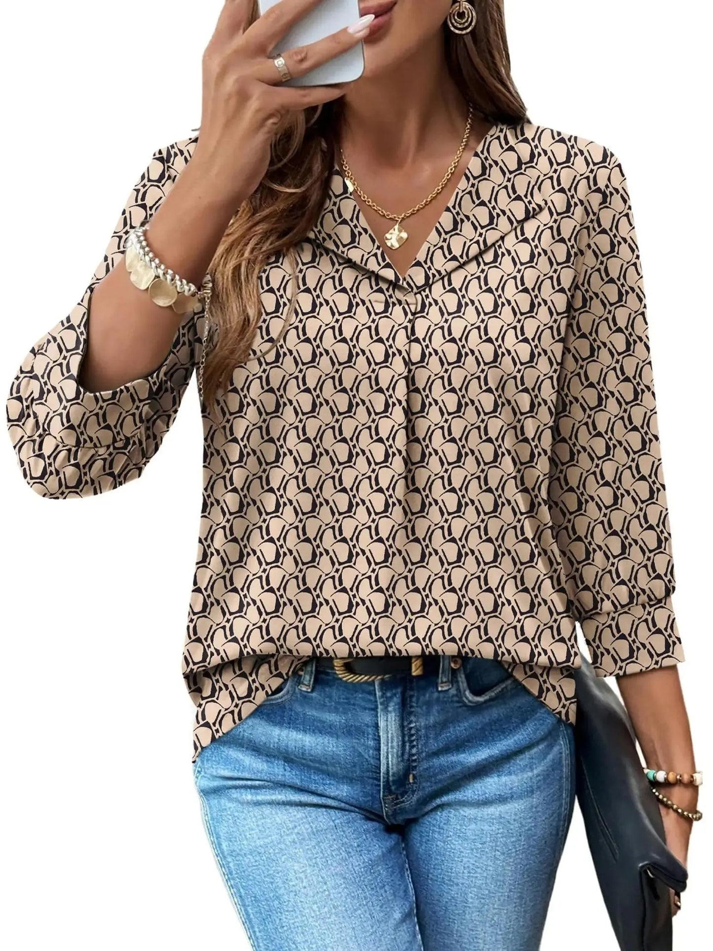 Women’s  Floral V-Neck Collared Blouse Casual Dressy Top