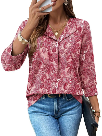 Women’s  Floral V-Neck Collared Blouse Casual Dressy Top