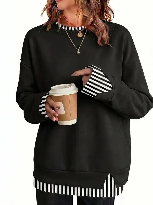 Hot Sale🔥 Women's Fake Two Piece Layered Sweatshirt Patchwork Oversized Pullover Top