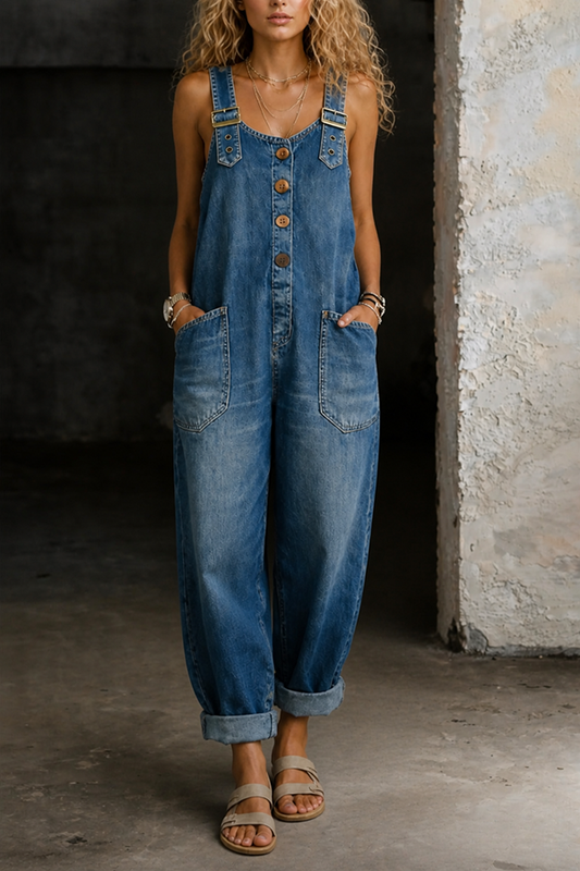 Womens Vintage Loose Wide Leg Jean Bib Overalls