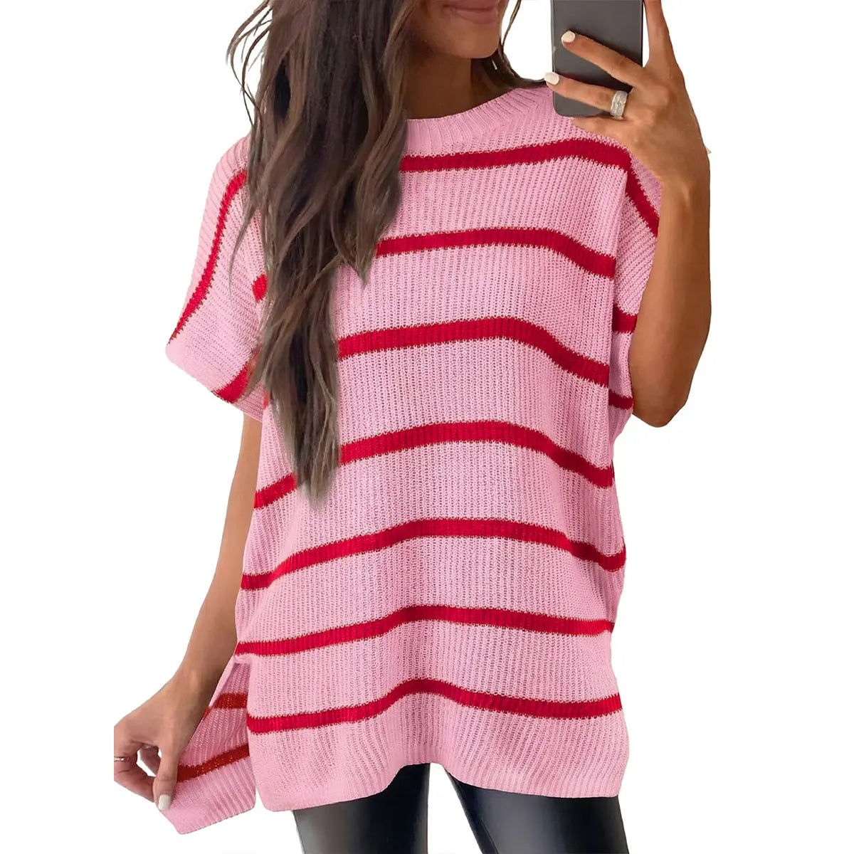 Women Crew Neck Loose Stripe Knit Tee with Side Split Hem