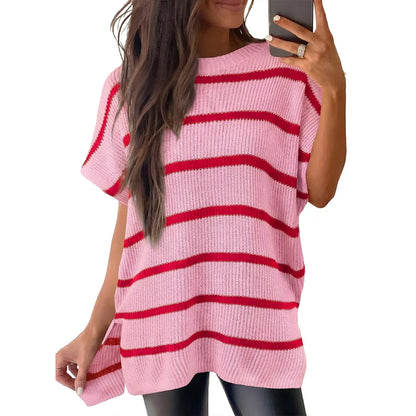 Women Crew Neck Loose Stripe Knit Tee with Side Split Hem