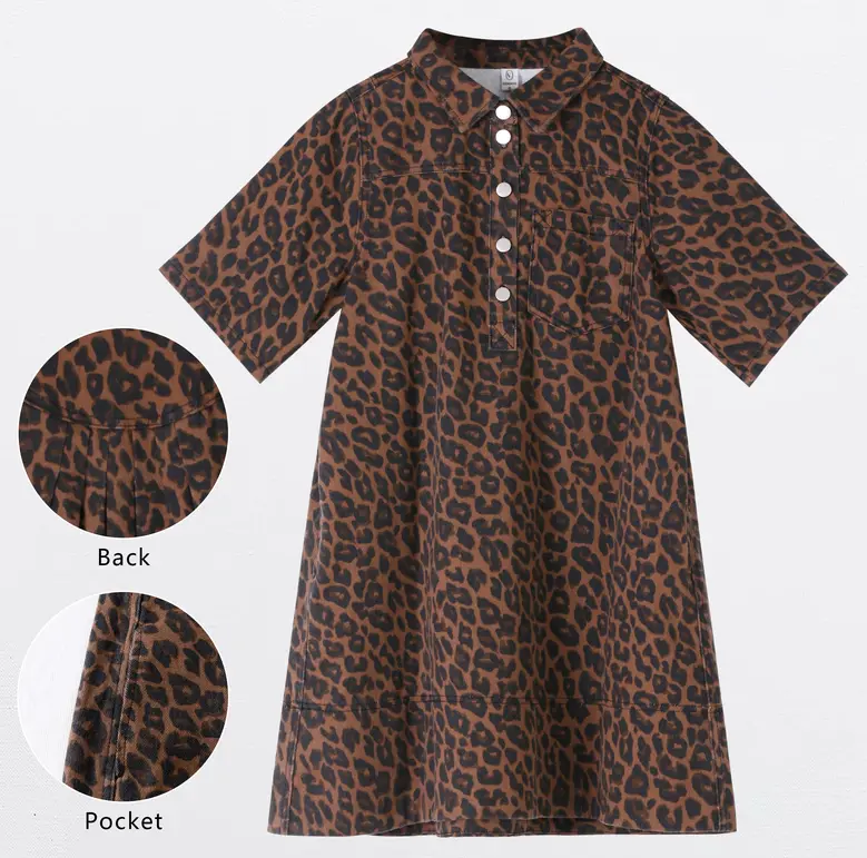 Women Collar Half Button  Loose Denim Shirt Dress With Pocket