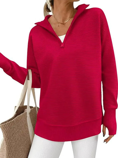 Women Oversized Half Zip Collar Vertical Rib Long Sleeve Knit Top