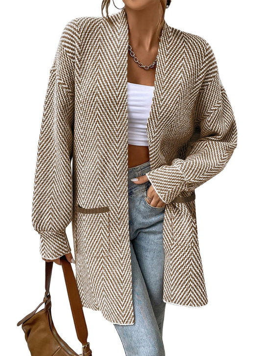 Women's Open Front Herringbone Long Sleeve Colorblock Cardigans