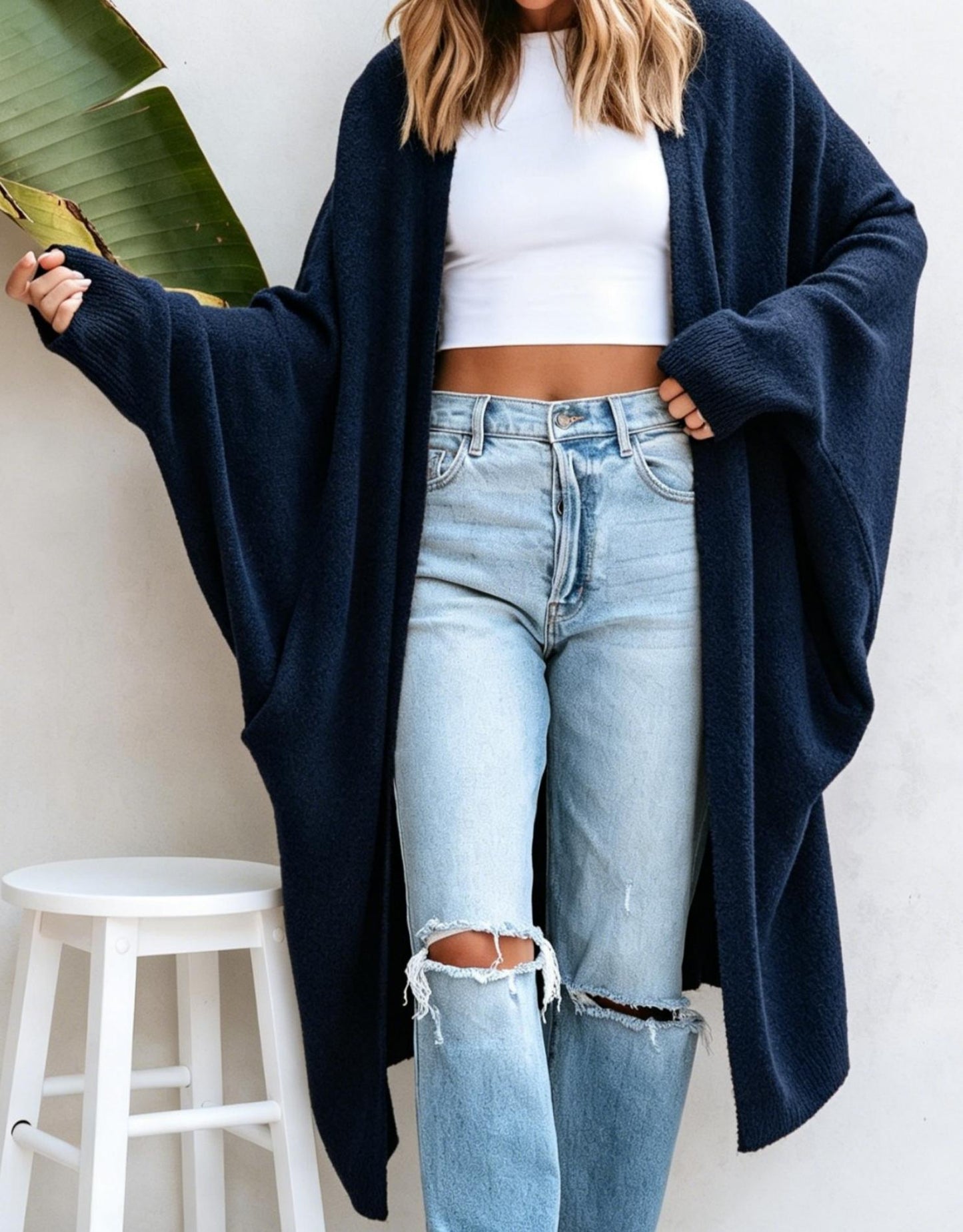 Women Oversized Long Knit Cardigan Open Front Loose Sweater Coat With Pockets