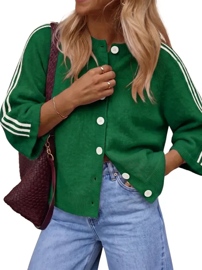 Women Striped 3/4 Sleeve  Crew Neck Button Down Knit Cardigan