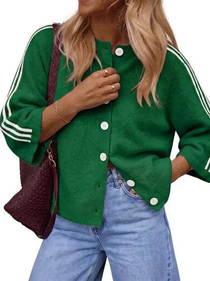 Women Striped 3/4 Sleeve  Crew Neck Button Down Knit Cardigan