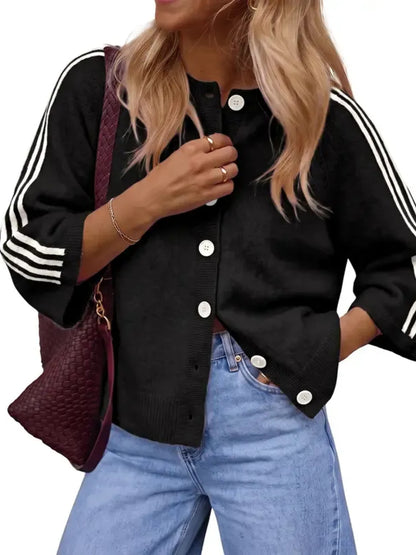 Women Striped 3/4 Sleeve  Crew Neck Button Down Knit Cardigan