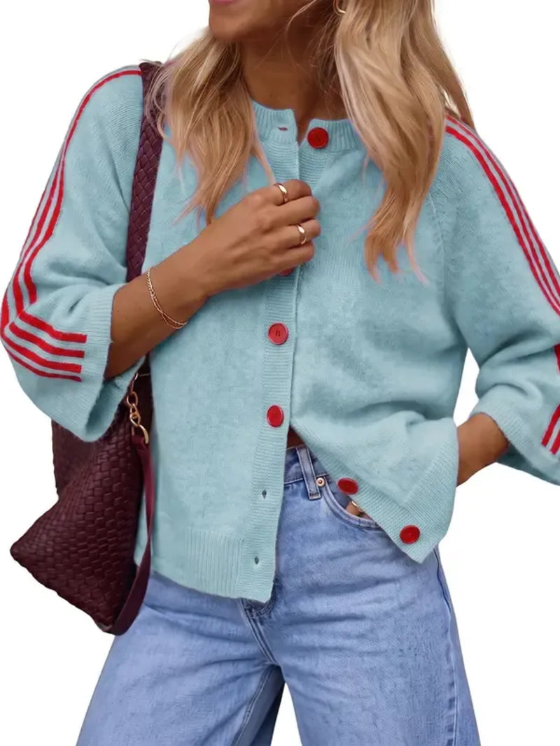 Women Striped 3/4 Sleeve  Crew Neck Button Down Knit Cardigan