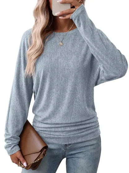 Womens Long Sleeve Shirts Ruched Hem Fall Tops Lightweight Sweaters