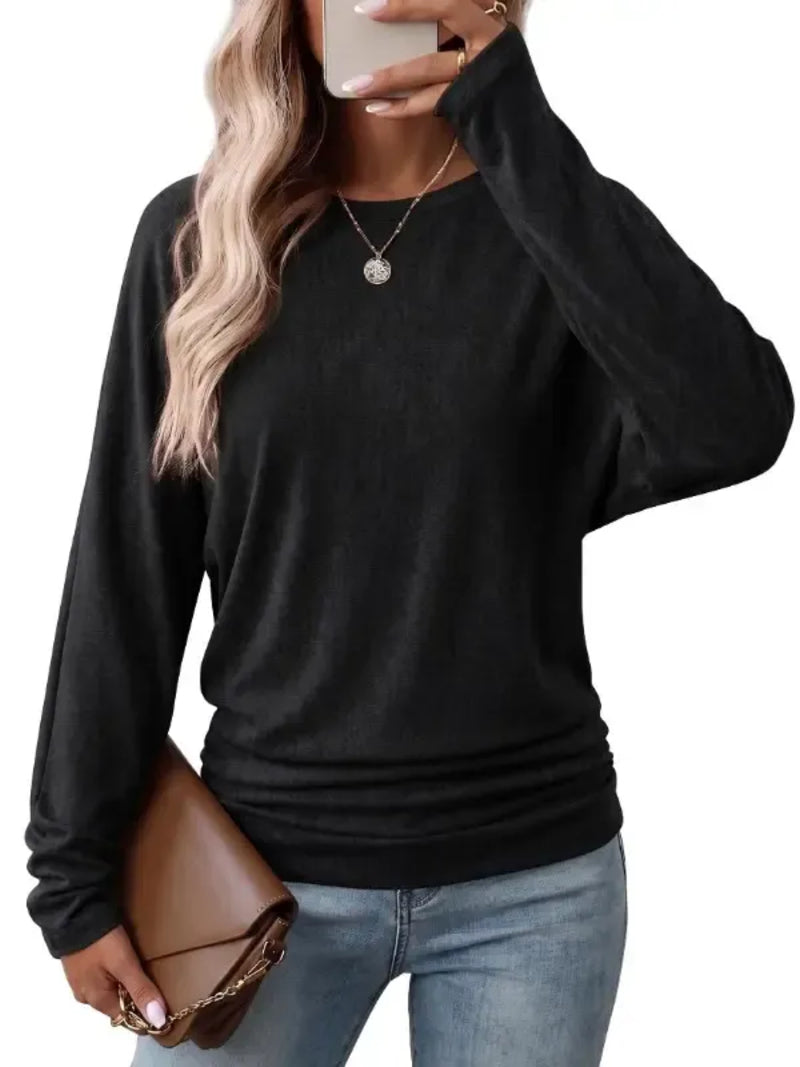 Womens Long Sleeve Shirts Ruched Hem Fall Tops Lightweight Sweaters