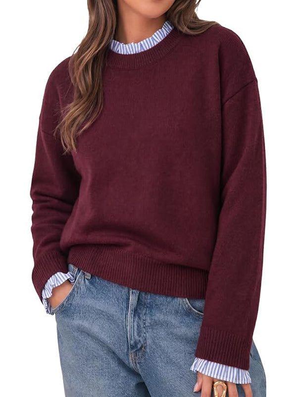 Womens Ruffle Crew Neck Patchwork Striped Cuff Knit Sweater