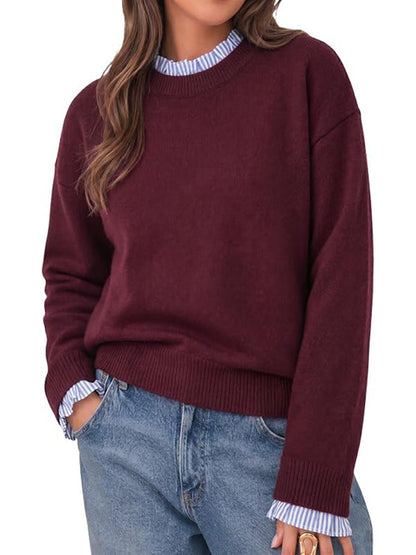 Womens Ruffle Crew Neck Patchwork Striped Cuff Knit Sweater