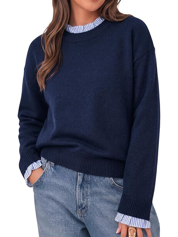 Womens Ruffle Crew Neck Patchwork Striped Cuff Knit Sweater