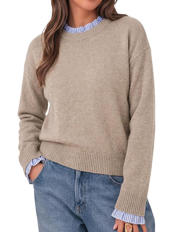 Womens Ruffle Crew Neck Patchwork Striped Cuff Knit Sweater