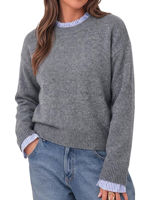 Womens Ruffle Crew Neck Patchwork Striped Cuff Knit Sweater