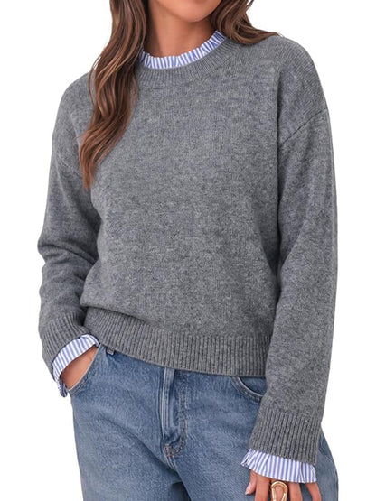 Womens Ruffle Crew Neck Patchwork Striped Cuff Knit Sweater