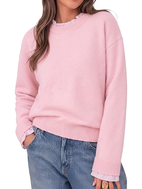 Womens Ruffle Crew Neck Patchwork Striped Cuff Knit Sweater