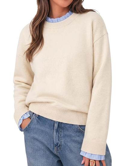 Womens Ruffle Crew Neck Patchwork Striped Cuff Knit Sweater